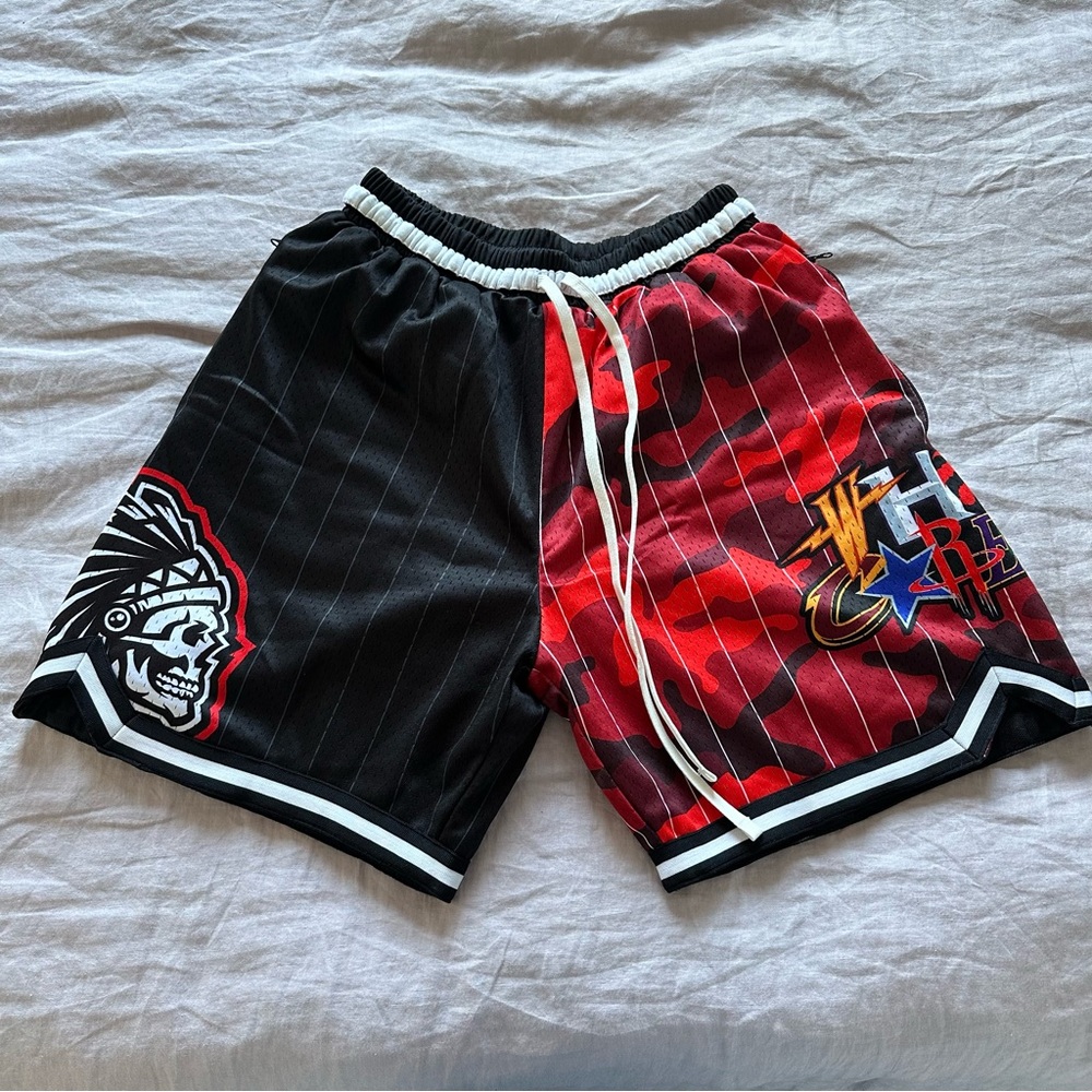 Who Cares/Savs collab NBA swingman basketball shorts. Red/black pinstripe & camo